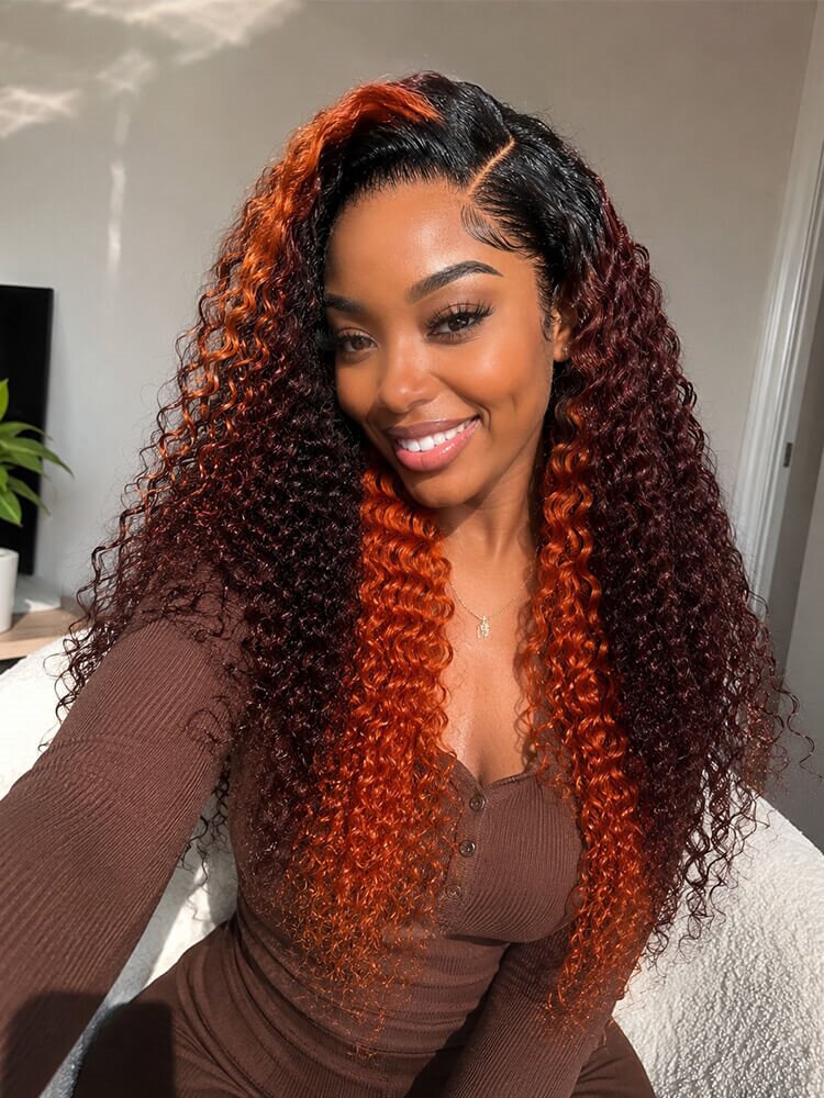 Highlight Deep Wave Glueless 13x4 Burgundy Ginger Lace Wig With Invisi Drawstring