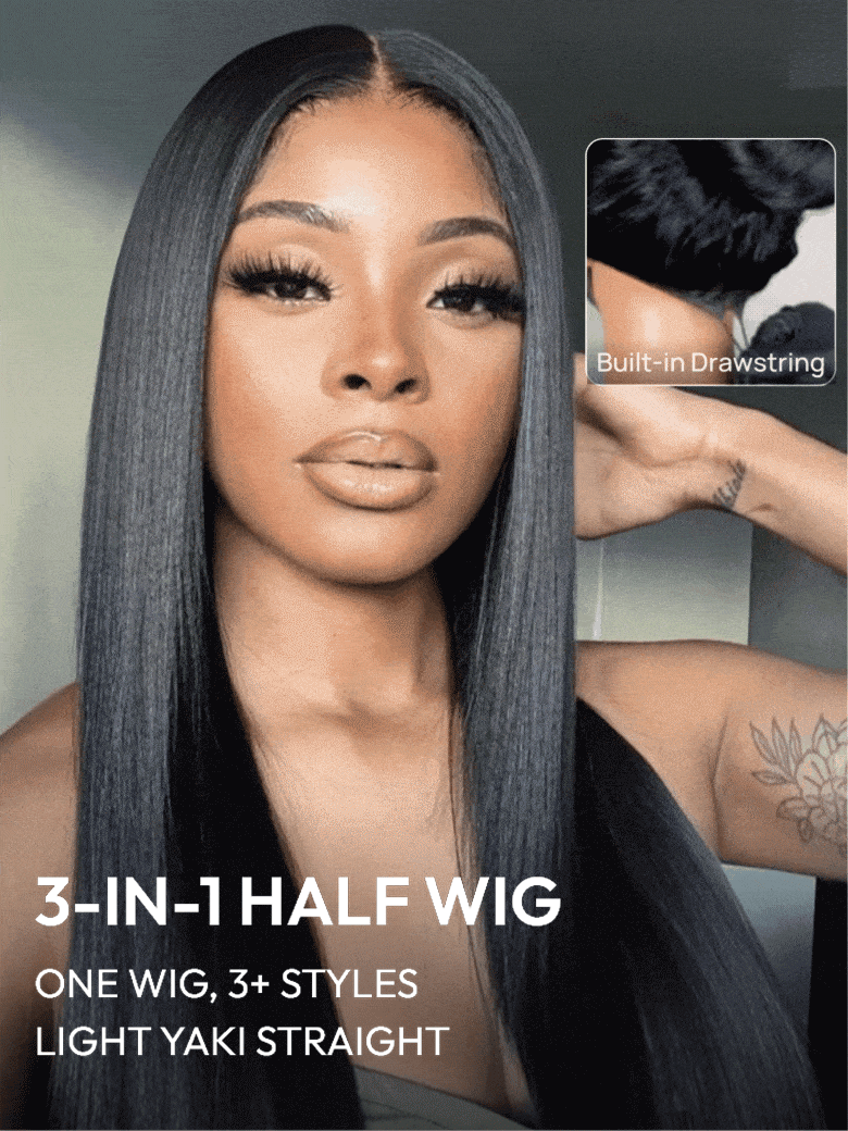 3 IN 1 Light Yaki Straight Half Wig with Drawstring | Clip In Wig for Natural Look