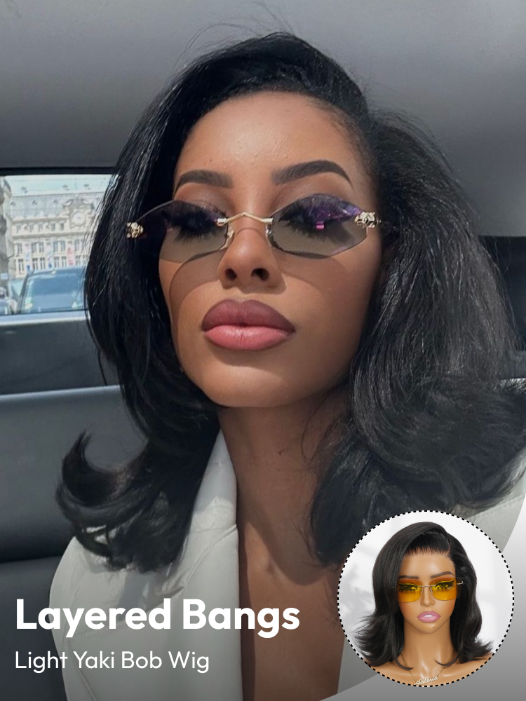 Ready To Go - Light Yaki Texture Layered Bangs Bob Wig Glueless Human Hair Wig