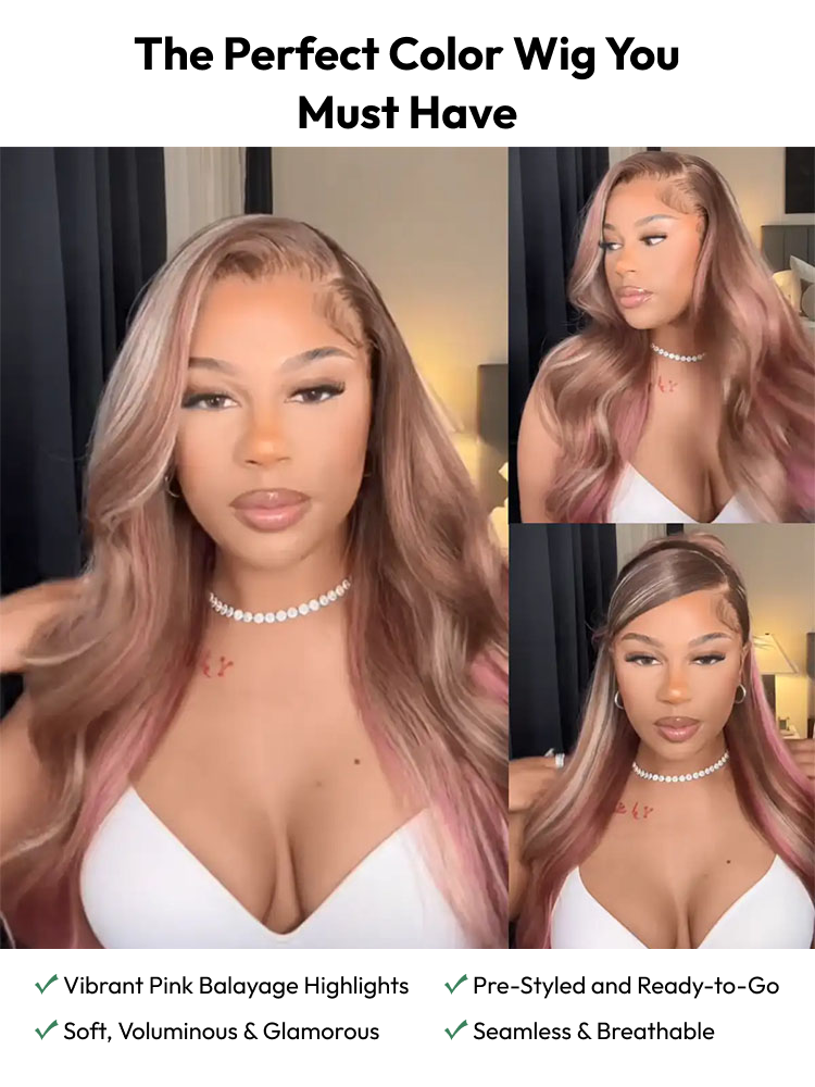 Brown Hair with Blonde and Pink Highlights Wig