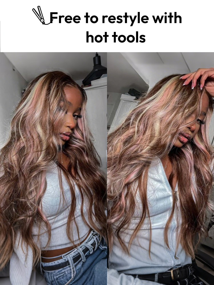 Brown Hair with Blonde and Pink Highlights