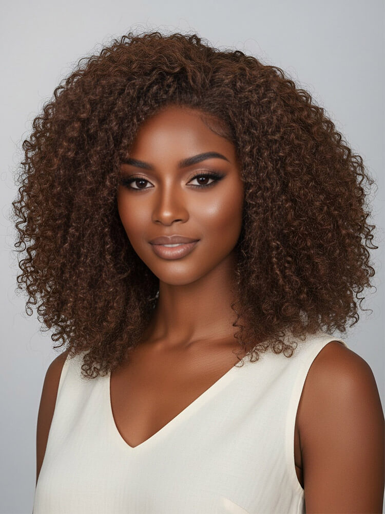 Glueless Pixie Curly Wig Chestnut Brown HD 5x7 Lace Closure