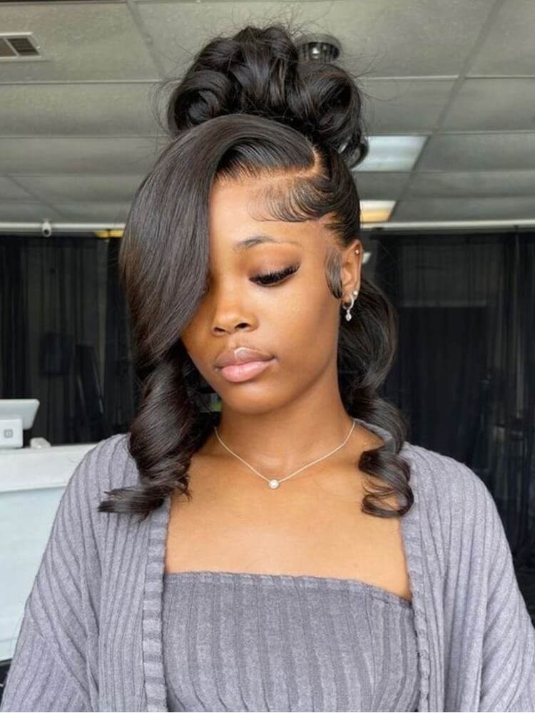 Glueless 360 Lace Body Wave Wig Miss Buns With Side Part Bangs Style