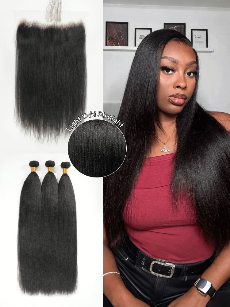 Light Yaki Straight Human Hair 3 Bundles With 13x6 Lace Frontal