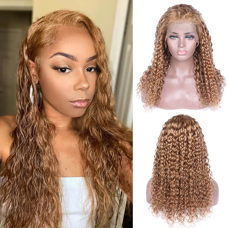 #27 Honey Blonde Hair Color Water Wave Lace Front Wig
