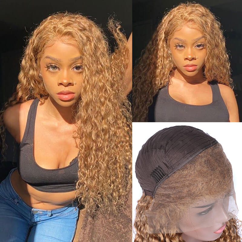 #27 Honey Blonde Hair Color Water Wave Lace Front Wig