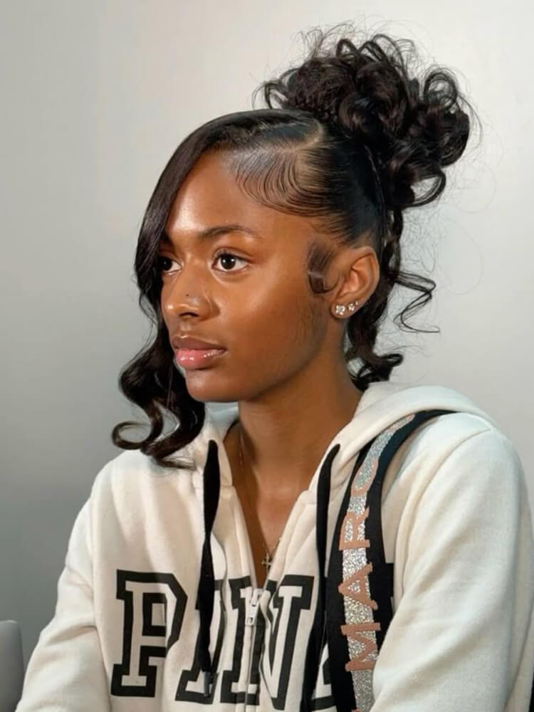 Glueless 360 Lace Body Wave Wig Miss Buns With Side Part Bangs Style