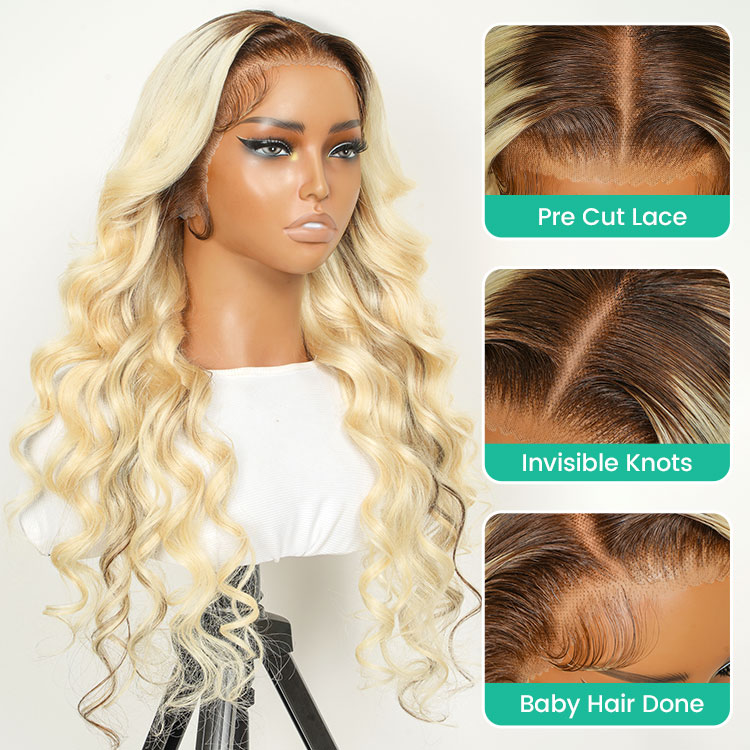 Ready To Go Wig-Perfect Pre Colored Blonde Balayage Wig With Brown Roots High Quality Lace Frontal Wig