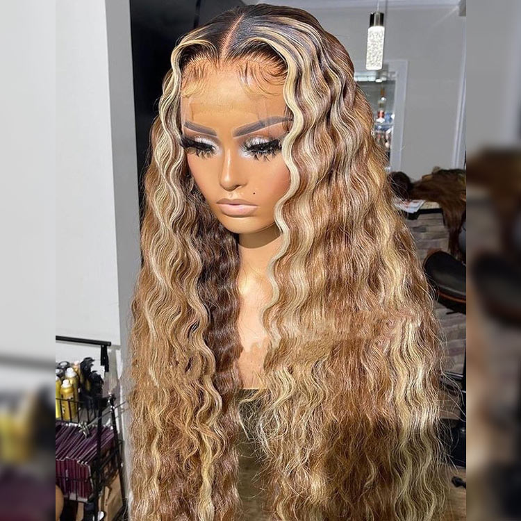 Highlighted Deep Wave Wig With Blonde Highlights