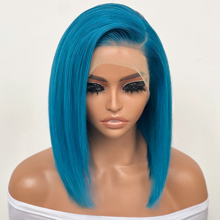 Blue Wigs Human Hair Straight Bob Wig Transparent Lace Front Wig ...