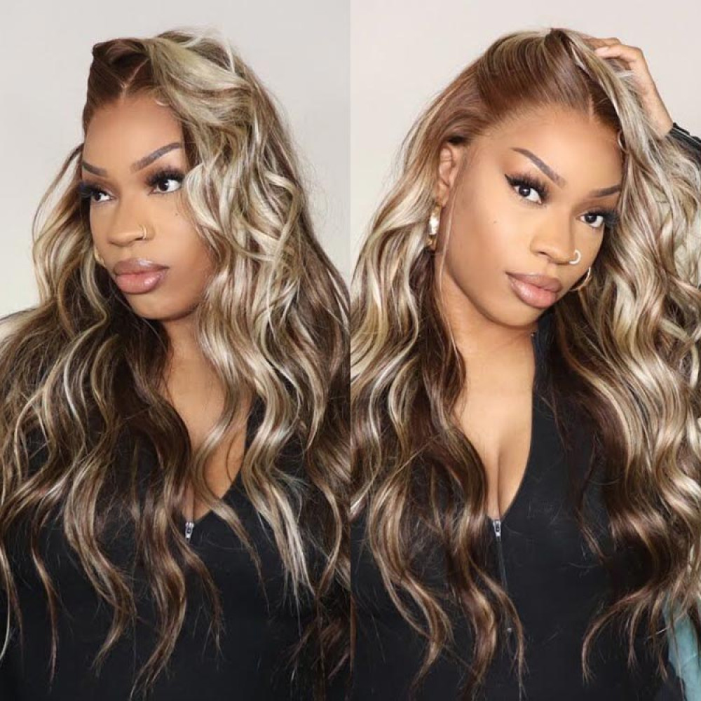Balayage Wig With Blonde Highlights Colored Human Hair Wigs