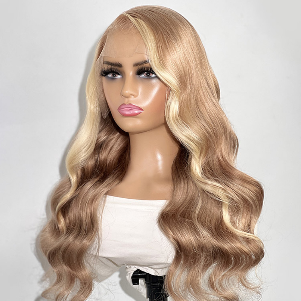 Blonde Skunk Stripe Natural Human Hair Wavy Lace Front Wig
