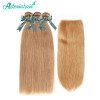 Honey Blonde Straight Human Hair 3 Bundles With 4X4 Lace Closure #27 Color 