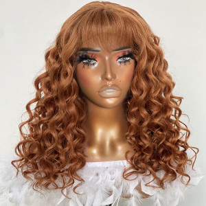 Glueless Ginger Brown Hair Cute Wavy Lace Wig With Bangs