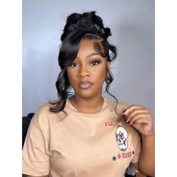 Glueless 360 Lace Body Wave Wig Miss Buns With Side Part Bangs Style