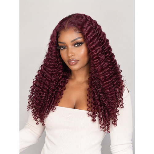 99J Burgundy Burmese Curly Glueless Lace Front Wig 250% Density