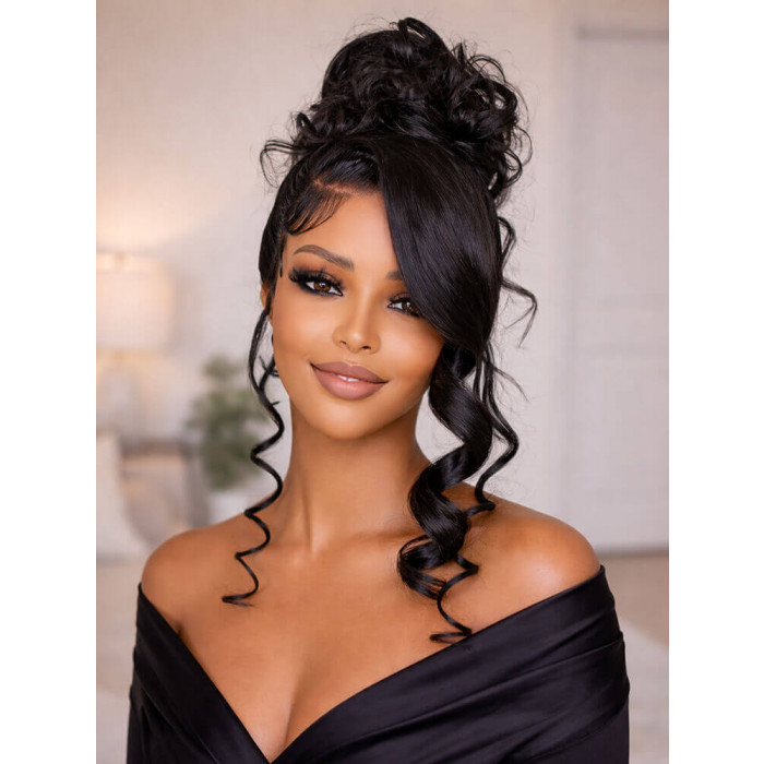 Glueless 360 Lace Body Wave Wig Miss Buns With Side Part Bangs Style