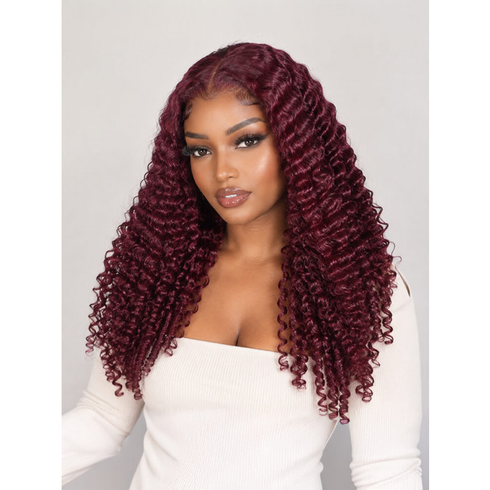 99J Burgundy Burmese Curly Glueless Lace Front Wig 250% Density