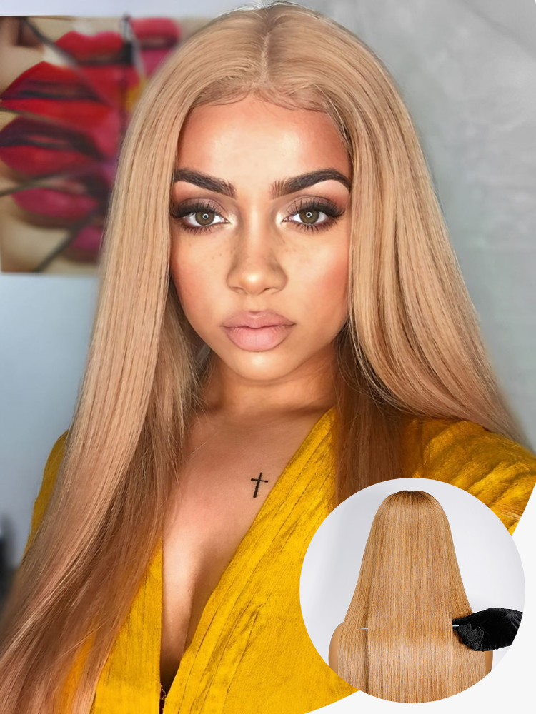 Honey blonde mix lace wig  12\'\'heat friendly with human hair Warm Honey Blonde Human Hair Lace Front Wigs Logn Wave  main image 3
