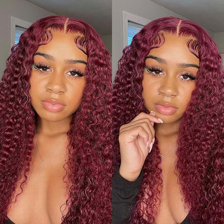 Human hair blend burgundy red curly wave wig Brazilian Burgundy Curly 13x4 HD Lace Frontal Wig 30 36 Inch  main image 4