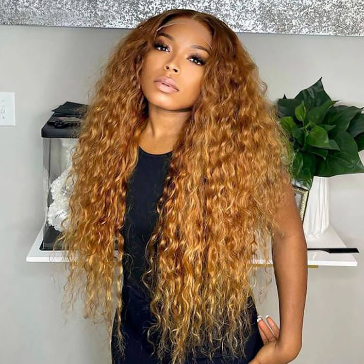 Honey Blonde Human Hair Wig With Brown Roots Curly Closure  display picture 2