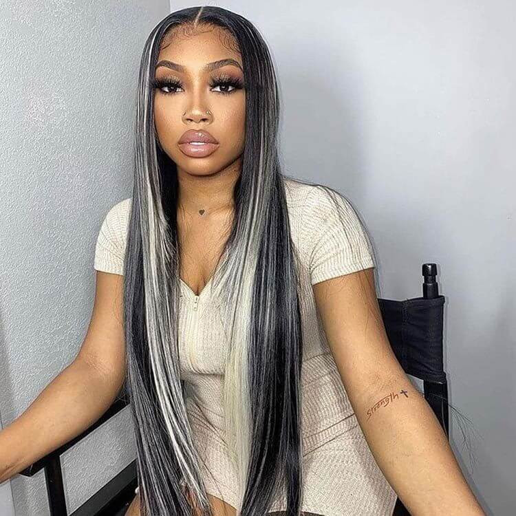 Ash Grey Highlights on Black Hair Lace Front Wig -Asteriahair