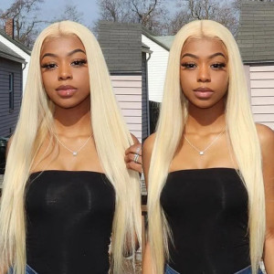PREMIUM PLATINUM BLONDE 613 SILKY BONE STRAIGHT LACEFRONT WIG 28”NATURAL LOOKING 613 PLATINUM BLONDE STRAIGHT LACE FRONT WIG – J main image 3