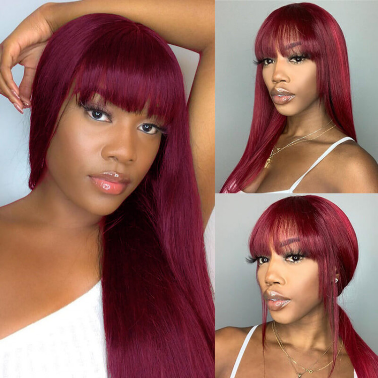 Burgundy Color Bang Wig Straight Human Hair Wigs With Bang -Asteriahair