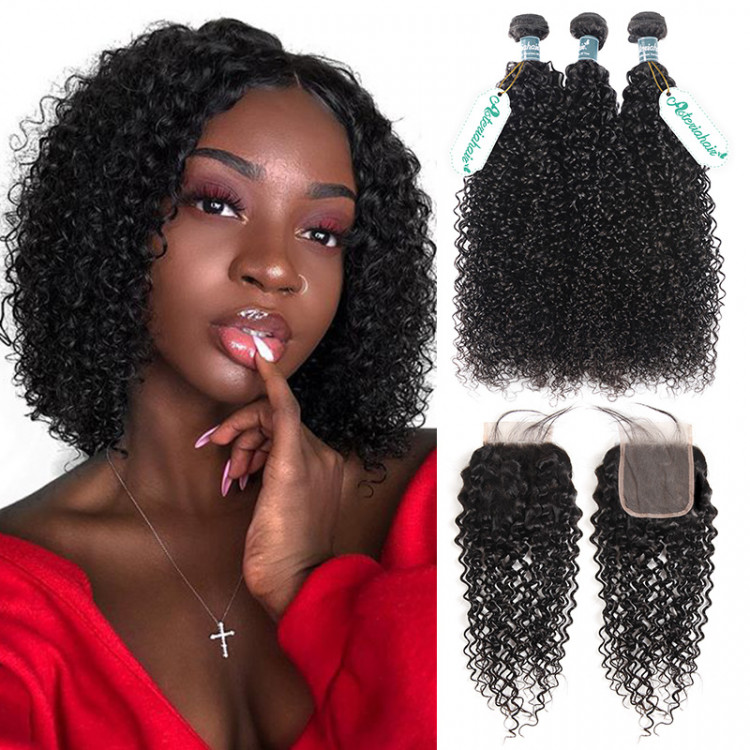 Virgin Curly Hair 3 Bundles With Lace Closure Human Hair Curly Afro Weave  -Asteriahair