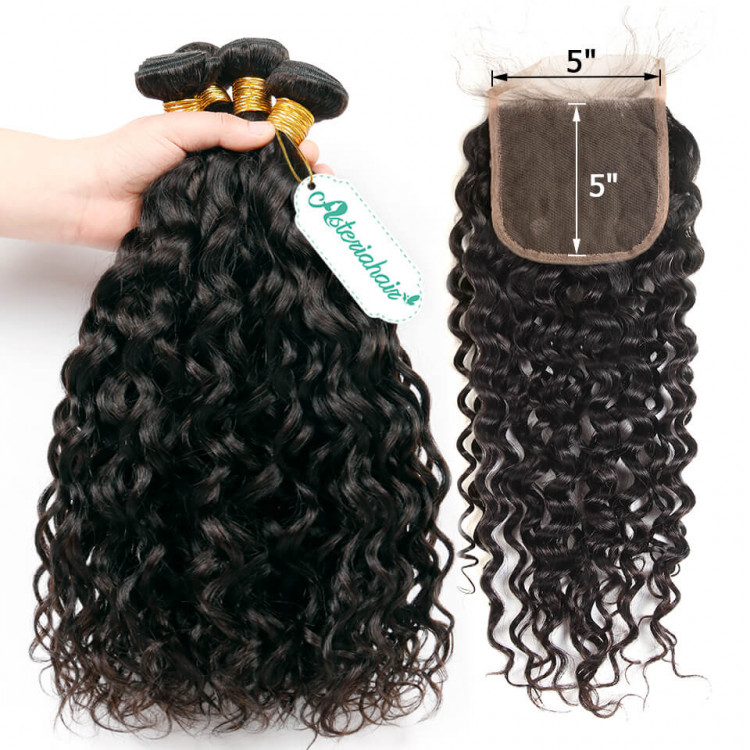 Wet Wavy Human Hair Weaves 4 Bundles With Closure 5x5 -Asteriahair Wet Wavy Human Hair Weaves 4 Bundles With Closure 5x5 -Asteriahair