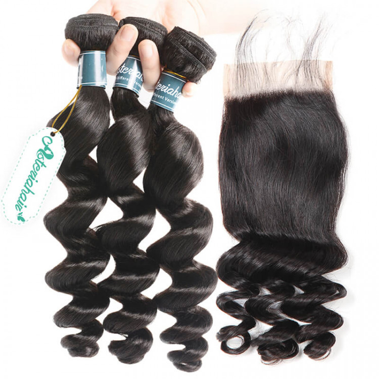 High Quality 4*4 Lace Closure With Brazilian Loose Wave Human Virgin Hair  3Pcs/Pack -Asteriahair