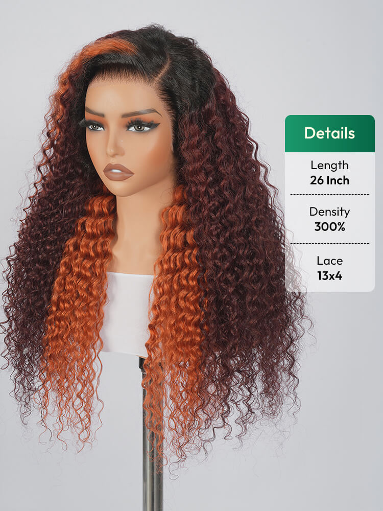 Highlight Deep Wave Glueless 13x4 Burgundy Ginger Lace Wig With Invisi Drawstring